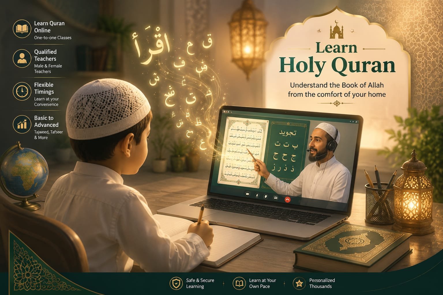 Learning Holy Quran is an online platform that teaches children and adults the Quran Tajweed, Hifz, and Arabic from anywhere in the world. and we use a personalized, one-on-one approach so every student learns at their own pace.